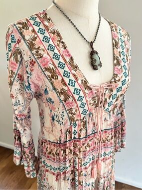 Papa Vancouver Boho Floral Mini Dress Pink Cream Tassel Tie Festival Dress M